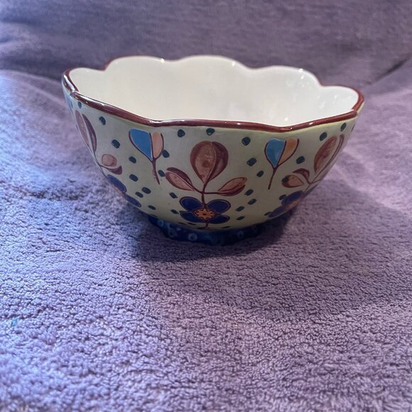 DUTCH WAX green anthropolgie  floral 6" bowl, hand painted ceramic - Picture 1 of 3